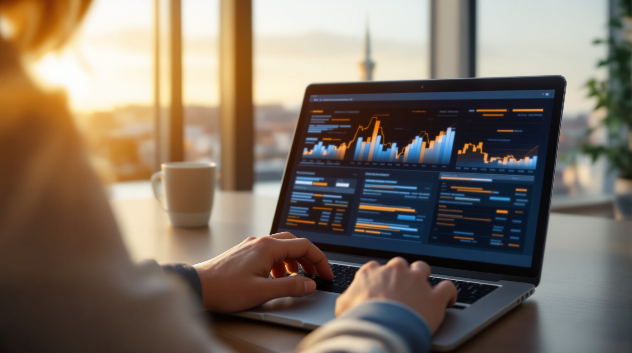 Bilgisayar ekranında şirket verilerini inceleyen kişi