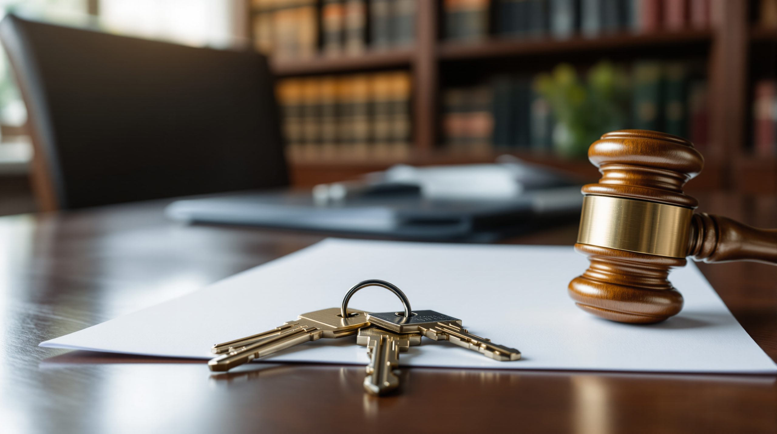 Hukuk bürosunda masa üzerinde ev anahtarları ve kapalı dosya