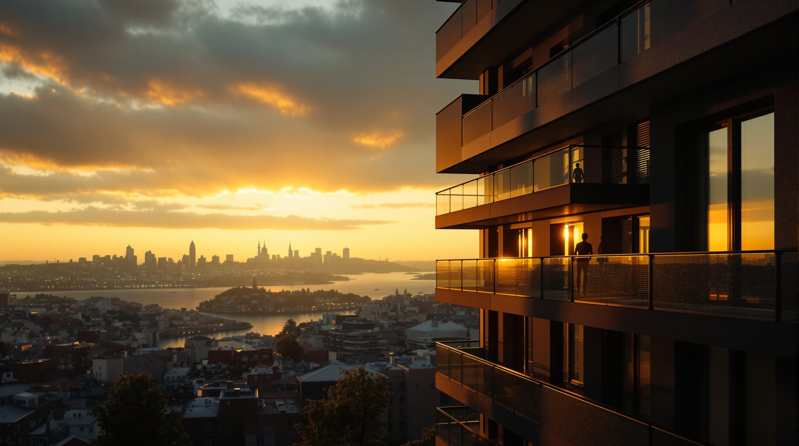 Istanbul'da modern bir apartman cephesinde altın saat ışığı