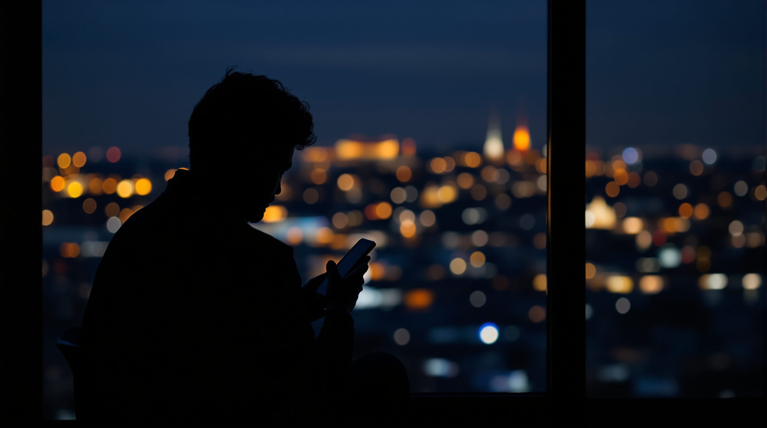 Gece pencere kenarında telefonuyla düşünen bir kişi