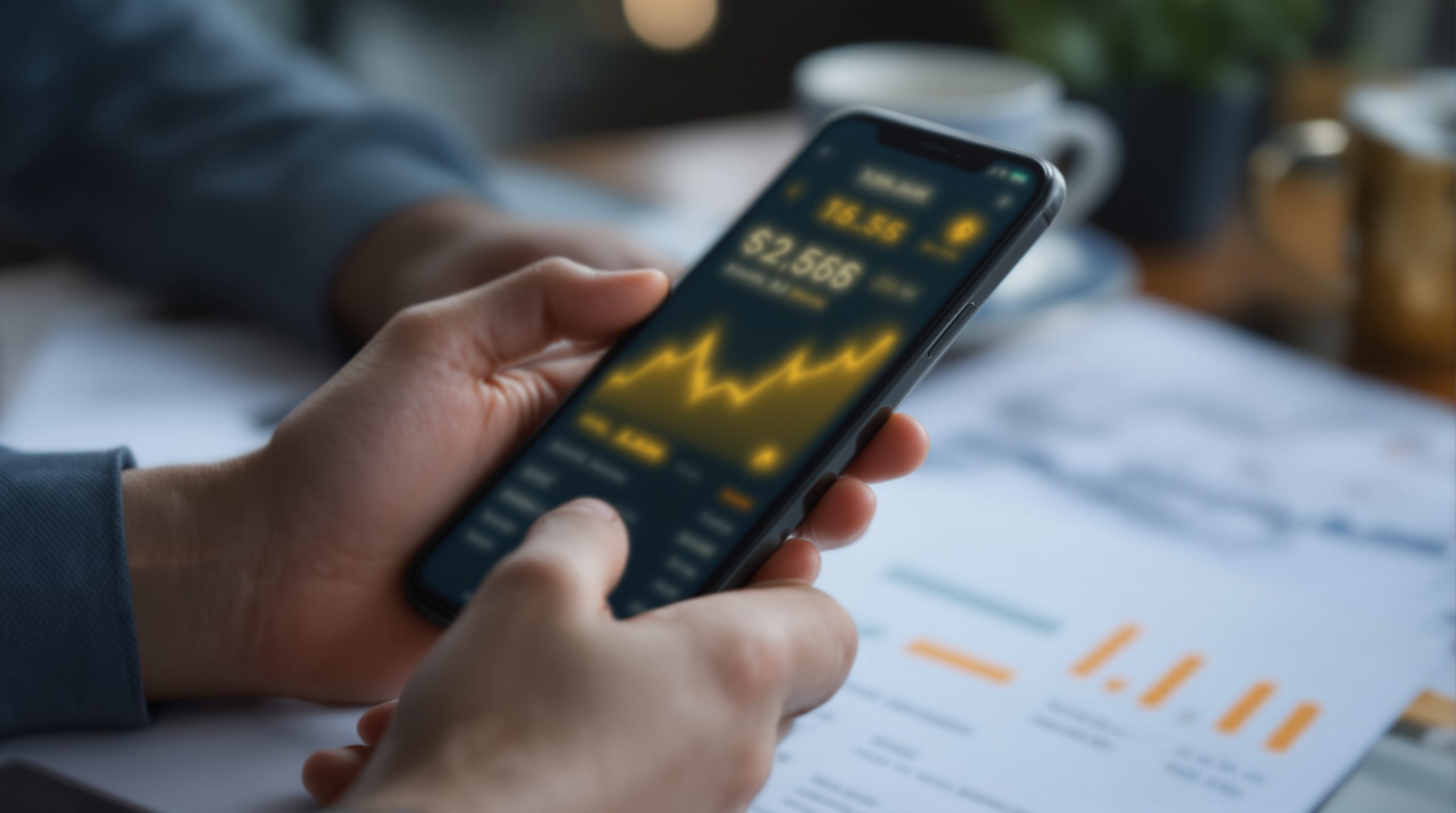 Kripto borsa uygulaması ekranına bakan eller, masada bulanık finansal belgeler