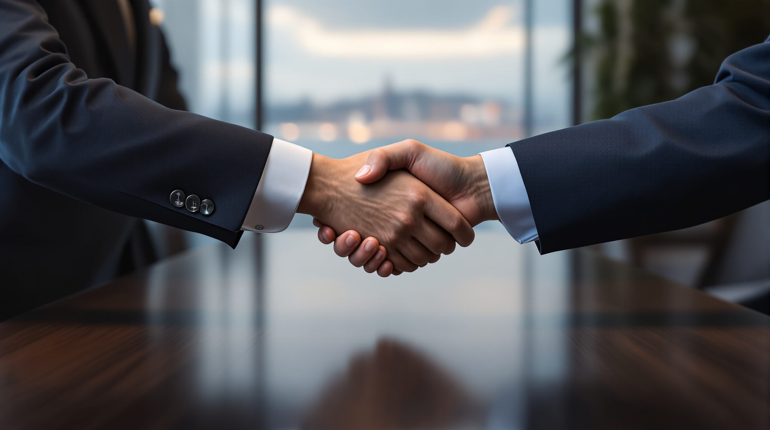 İki iş insanının ofis masasında el sıkışması