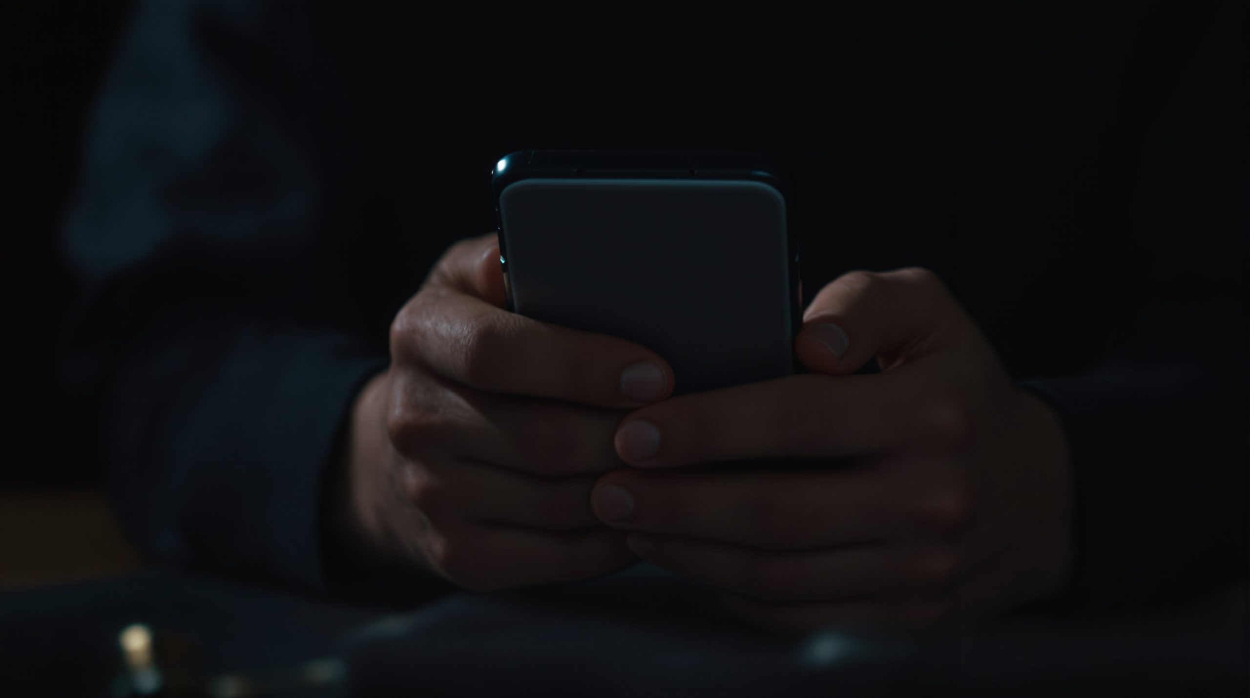 لقطة مقربة ليدين تنظران إلى شاشة هاتف في غرفة ذات إضاءة خافتة