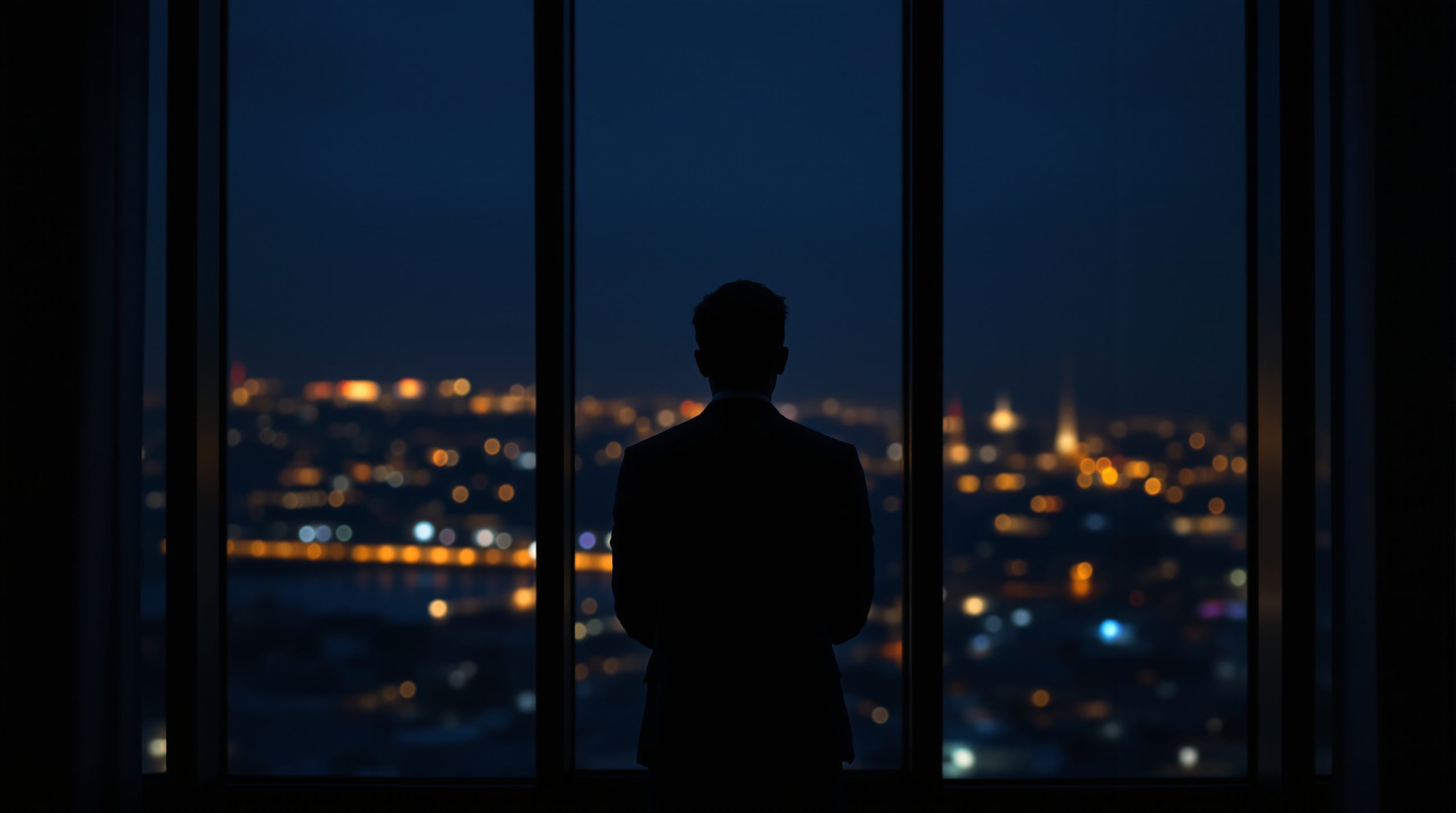 Rear view of a worried person looking at the Istanbul skyline at night